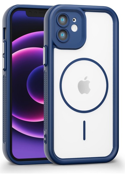 iPhone 12 Uyumlu Kamera Korumalı Magsafe Wireless Şarj Özellikli Mat Silikon Lacivert Renkli Silikon Telefon Kılıfı