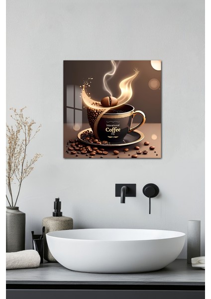 3D Görünümlü Coffee Temalı Temperli Cam Kare Tablo 33X33 cm Uv Baskı -CTK001