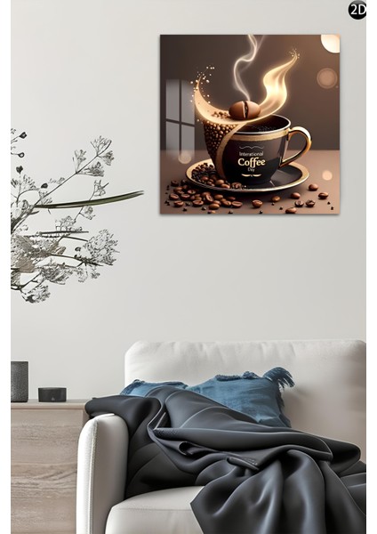 3D Görünümlü Coffee Temalı Temperli Cam Kare Tablo 33X33 cm Uv Baskı -CTK001