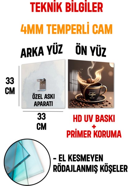 3D Görünümlü Coffee Temalı Temperli Cam Kare Tablo 33X33 cm Uv Baskı -CTK001