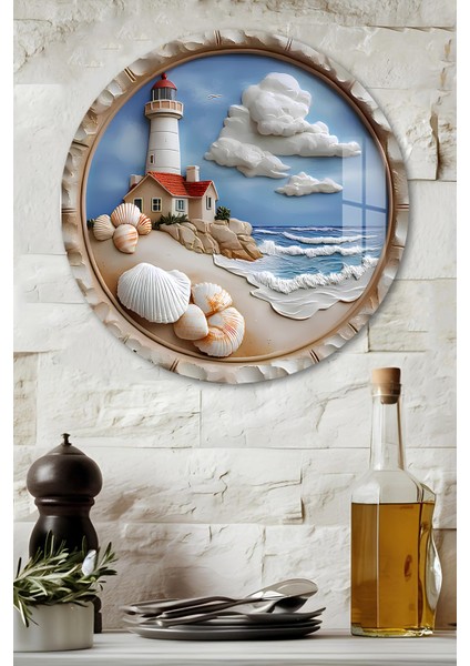 3D Görünümlü Temperli Cam Tablo – Deniz Kabuğu ve Feneri Temalı Duvar Süsü Uv Baskı 33X33 CM-CDS067