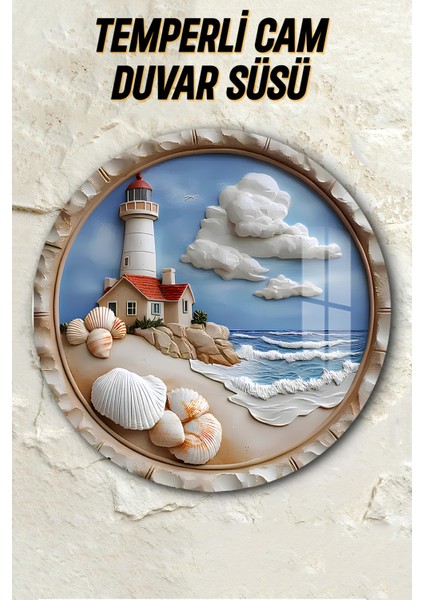 3D Görünümlü Temperli Cam Tablo – Deniz Kabuğu ve Feneri Temalı Duvar Süsü Uv Baskı 33X33 CM-CDS067 fiyatları