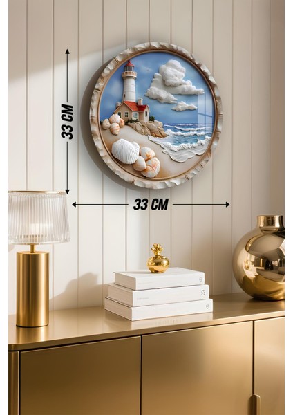 3D Görünümlü Temperli Cam Tablo – Deniz Kabuğu ve Feneri Temalı Duvar Süsü Uv Baskı 33X33 CM-CDS067 modelleri
