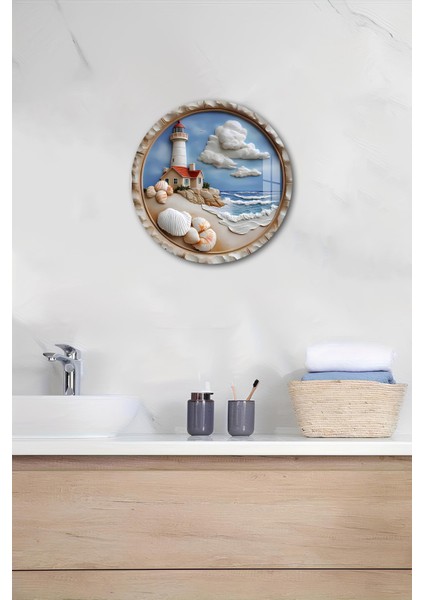 3D Görünümlü Temperli Cam Tablo – Deniz Kabuğu ve Feneri Temalı Duvar Süsü Uv Baskı 33X33 CM-CDS067