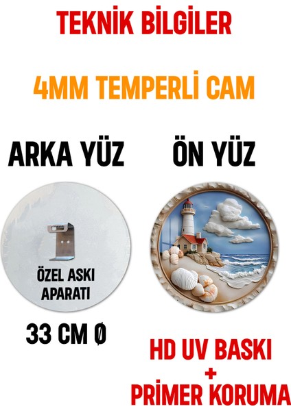 3D Görünümlü Temperli Cam Tablo – Deniz Kabuğu ve Feneri Temalı Duvar Süsü Uv Baskı 33X33 CM-CDS067