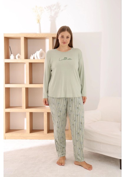 Kadın Büyük Beden Milan Kumaş Bisiklet Yaka Fıstık Yeşili Pijama Takımı