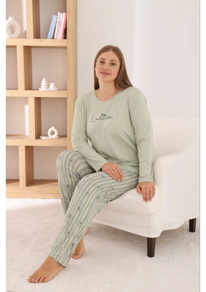 Kadın Büyük Beden Milan Kumaş Bisiklet Yaka Fıstık Yeşili Pijama Takımı fiyatları