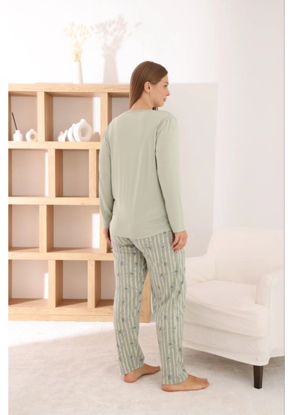 Kadın Büyük Beden Milan Kumaş Bisiklet Yaka Fıstık Yeşili Pijama Takımı modelleri