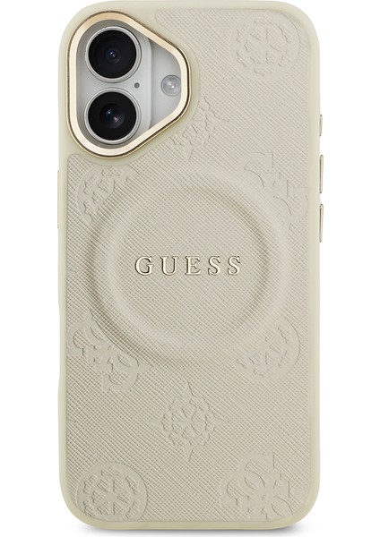iPhone 17 Uyumlu Kılıf Guess Lisanslı M-Safe Özellik Sıcak Baskı Yazı Logolu Pu Deri Peony Kapak Bej modelleri
