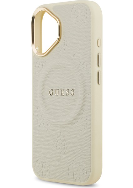 iPhone 17 Uyumlu Kılıf Guess Lisanslı M-Safe Özellik Sıcak Baskı Yazı Logolu Pu Deri Peony Kapak Bej