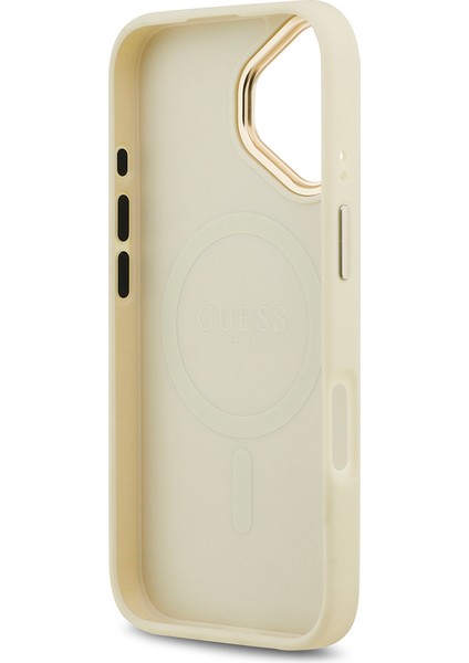 iPhone 17 Uyumlu Kılıf Guess Lisanslı M-Safe Özellik Sıcak Baskı Yazı Logolu Pu Deri Peony Kapak Bej
