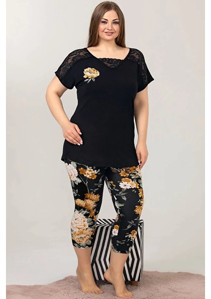 Lady Büyük Beden Çiçek Desenli Omuzlar Dantelli Kısa Kollu Kapri Pijama Takımı