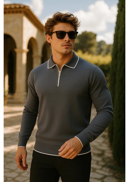 Erkek Günlük Fermuarlı Füme Uzun Kollu Polo Yaka Triko