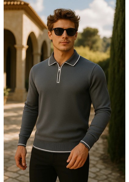 Erkek Günlük Fermuarlı Füme Uzun Kollu Polo Yaka Triko fiyatları