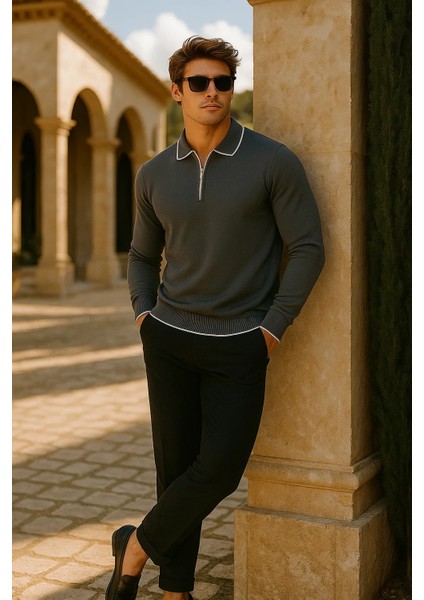 Erkek Günlük Fermuarlı Füme Uzun Kollu Polo Yaka Triko modelleri