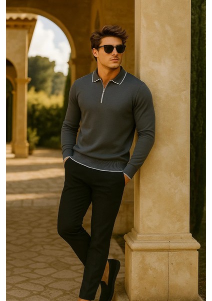 Erkek Günlük Fermuarlı Füme Uzun Kollu Polo Yaka Triko fırsatları