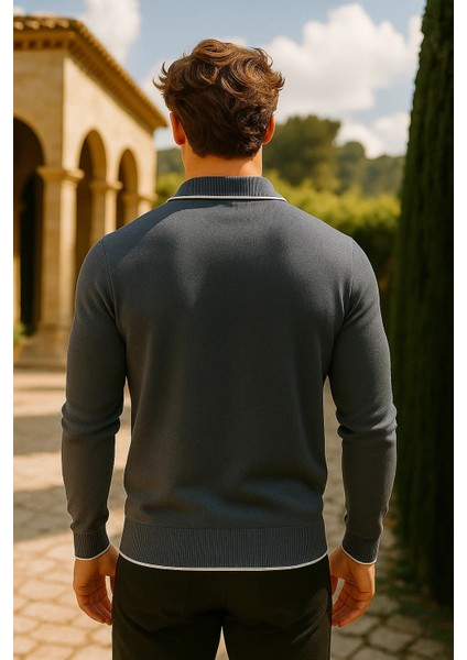 Erkek Günlük Fermuarlı Füme Uzun Kollu Polo Yaka Triko