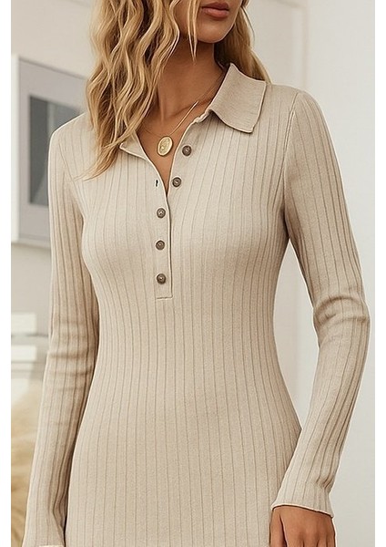 Kadın Uzun Kollu Yakalı Düğmeli Şardonlu Kaşkorse Elbise modelleri