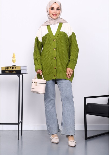 Yeşil V Yaka Düğmeli Triko Hırka fiyatları