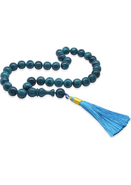Çubuk Sıkma Kehribar Tesbih - Osmanlı Saray Püsküllü - Turkuaz Renk - Küre Kesim