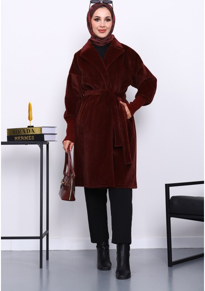 Bordo Bel Kuşaklı Çift Cepli Angora Kaban