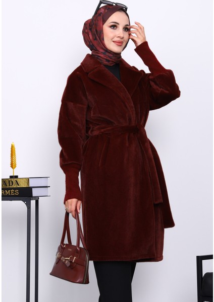 Bordo Bel Kuşaklı Çift Cepli Angora Kaban fiyatları