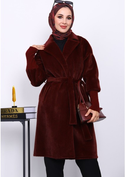 Bordo Bel Kuşaklı Çift Cepli Angora Kaban modelleri