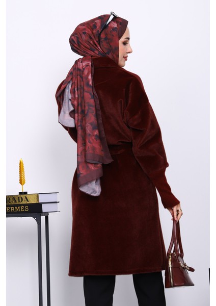 Bordo Bel Kuşaklı Çift Cepli Angora Kaban fırsatları