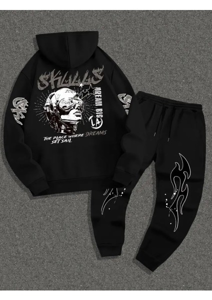 Büyük Beden Özel Tasarım Kapüşonlu Dream Bıg Sırt Baskılı Hip Hop Kışlık Erkek Eşofman Takımı