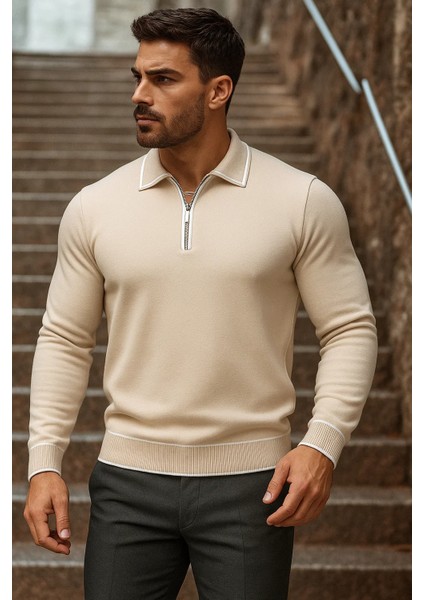 Erkek Trend Fermuarlı Uzun Kollu Bej Polo Yaka Kazak