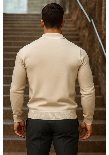 Erkek Trend Fermuarlı Uzun Kollu Bej Polo Yaka Kazak indirimleri