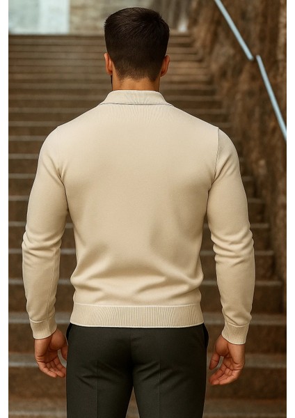 Erkek Trend Fermuarlı Uzun Kollu Bej Polo Yaka Kazak