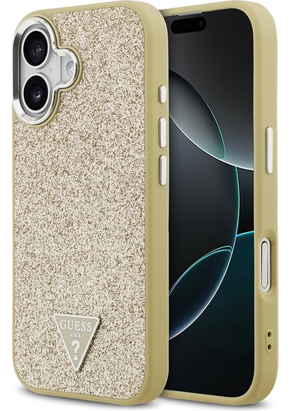iPhone 17 Uyumlu Kılıf Guess Lisanslı M-Safeli Metal Kamera Çerçeveli Üçgen Logolu Glitter Gold