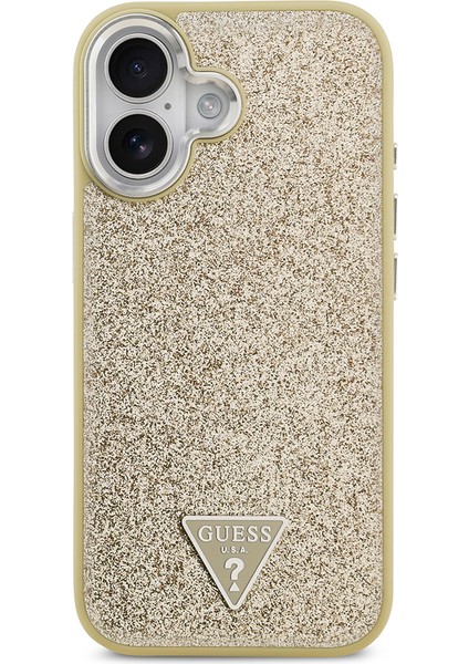 iPhone 17 Uyumlu Kılıf Guess Lisanslı M-Safeli Metal Kamera Çerçeveli Üçgen Logolu Glitter Gold modelleri