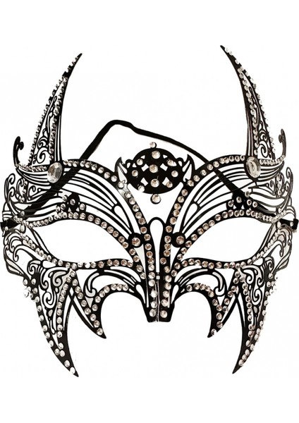 Siyah Renk Lazer Kesim Üzeri Kristal Taşlı Metal Lüks Maske Balo Parti