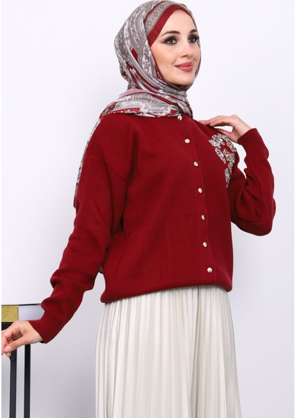 Bordo Nakışlı Düğmeli Triko Hırka modelleri