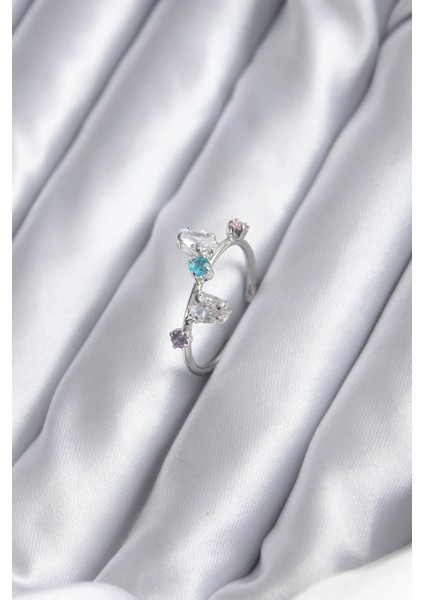 Gümüş Renk Renkli Zirkon Taşlı Kadın Yüzük - TJ-BYK2843