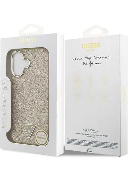 iPhone 17 Uyumlu Kılıf Guess Lisanslı M-Safeli Metal Kamera Çerçeveli Üçgen Logolu Glitter Gold