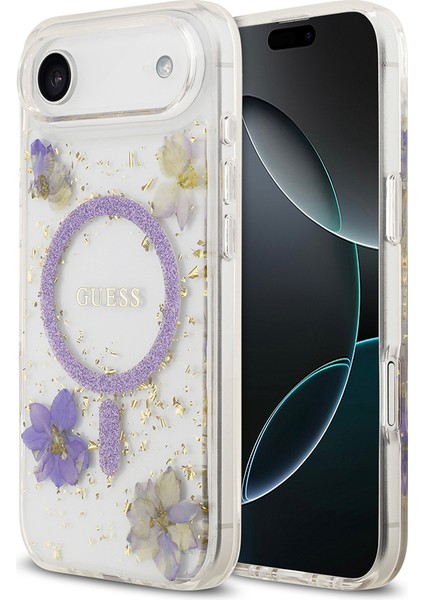 iPhone 17 Air Uyumlu Kılıf Guess Lisanslı M-Safe Şarj Özellikli Transparan Resin Flowers Kapak Mor