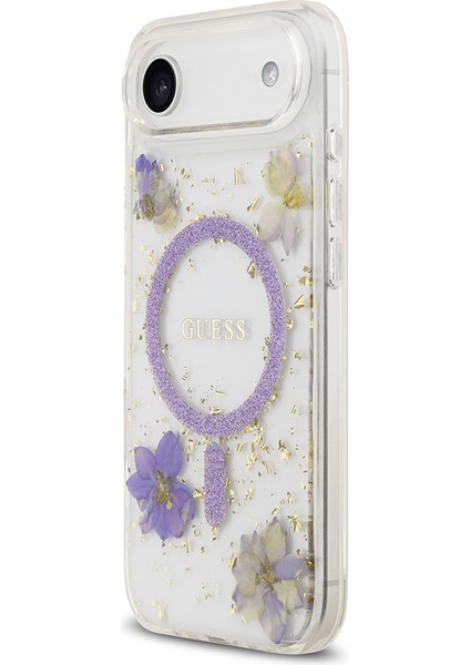 iPhone 17 Air Uyumlu Kılıf Guess Lisanslı M-Safe Şarj Özellikli Transparan Resin Flowers Kapak Mor fiyatları