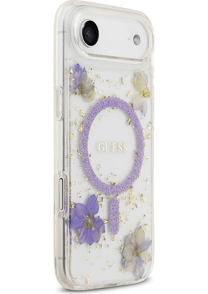 iPhone 17 Air Uyumlu Kılıf Guess Lisanslı M-Safe Şarj Özellikli Transparan Resin Flowers Kapak Mor modelleri