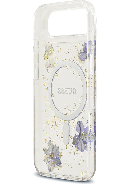 iPhone 17 Air Uyumlu Kılıf Guess Lisanslı M-Safe Şarj Özellikli Transparan Resin Flowers Kapak Mor indirimleri