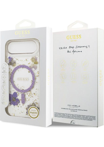iPhone 17 Air Uyumlu Kılıf Guess Lisanslı M-Safe Şarj Özellikli Transparan Resin Flowers Kapak Mor