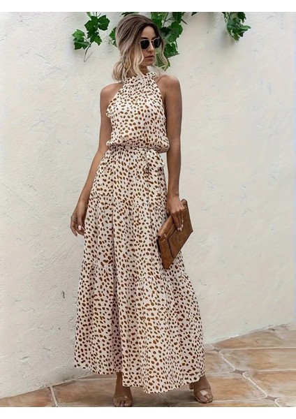 Kadın Daire Yakalı Beli Lastikli Desenli Süprem Elbise modelleri