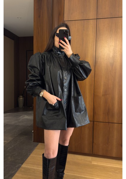 Prenses Kol Vintage Deri Ceket- Siyah