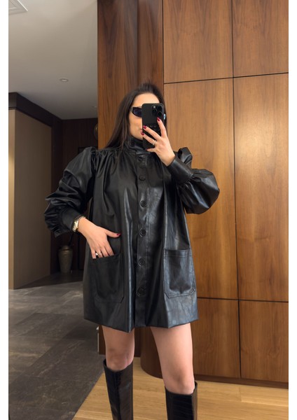 Prenses Kol Vintage Deri Ceket- Siyah fırsatları