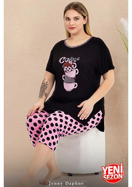 Lady Büyük Beden Puantiyeli Kısa Kollu Kapri Pijama Takımı