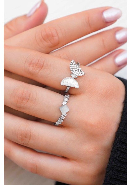 Kelebek ve Taşlı 2'li Kadın Yüzük Seti – Gümüş Renk