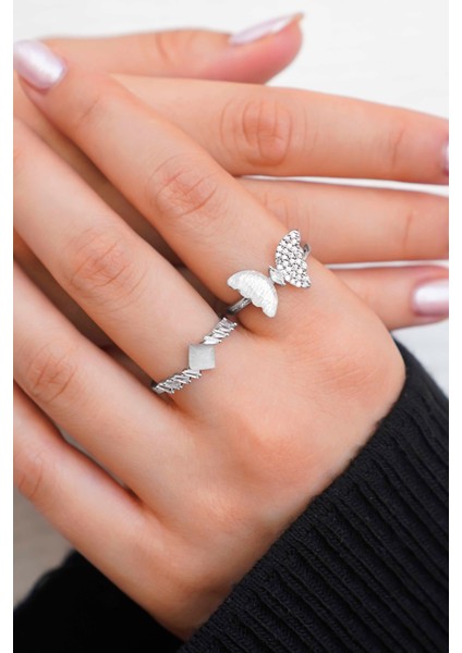 Kelebek ve Taşlı 2'li Kadın Yüzük Seti – Gümüş Renk fiyatları