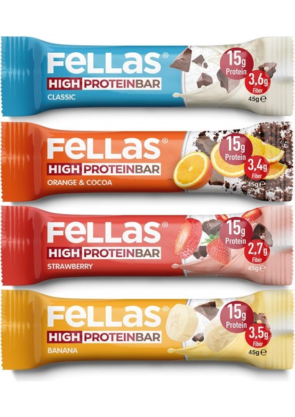 Fellas Yüksek Protein Bar, Karma Kutu (4 Çeşit), 45GR x 12 Adet modelleri
